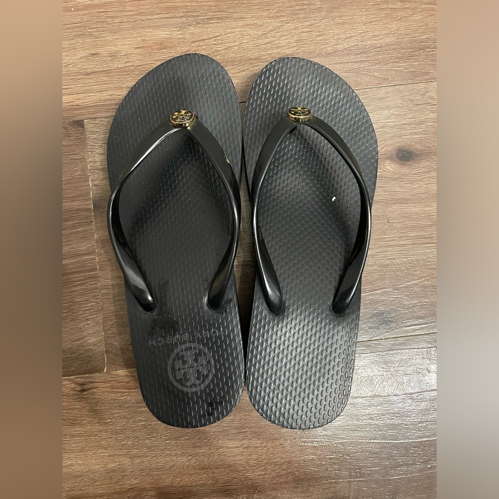 Used TORY BURCH Logo Wedge Platform Flip-Flops Black - Size 5
